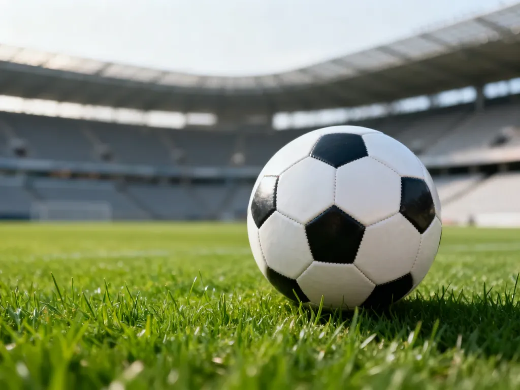 Skórzana piłka nożna na murawie boiska w świetle dziennym, w tle widoczny nowoczesny stadion.