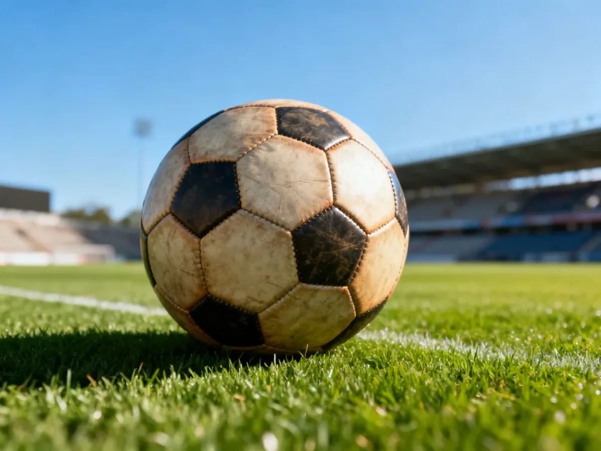 Klasyczna skórzana piłka nożna leżąca na murawie boiska w świetle słonecznym, w tle widoczny stadion.