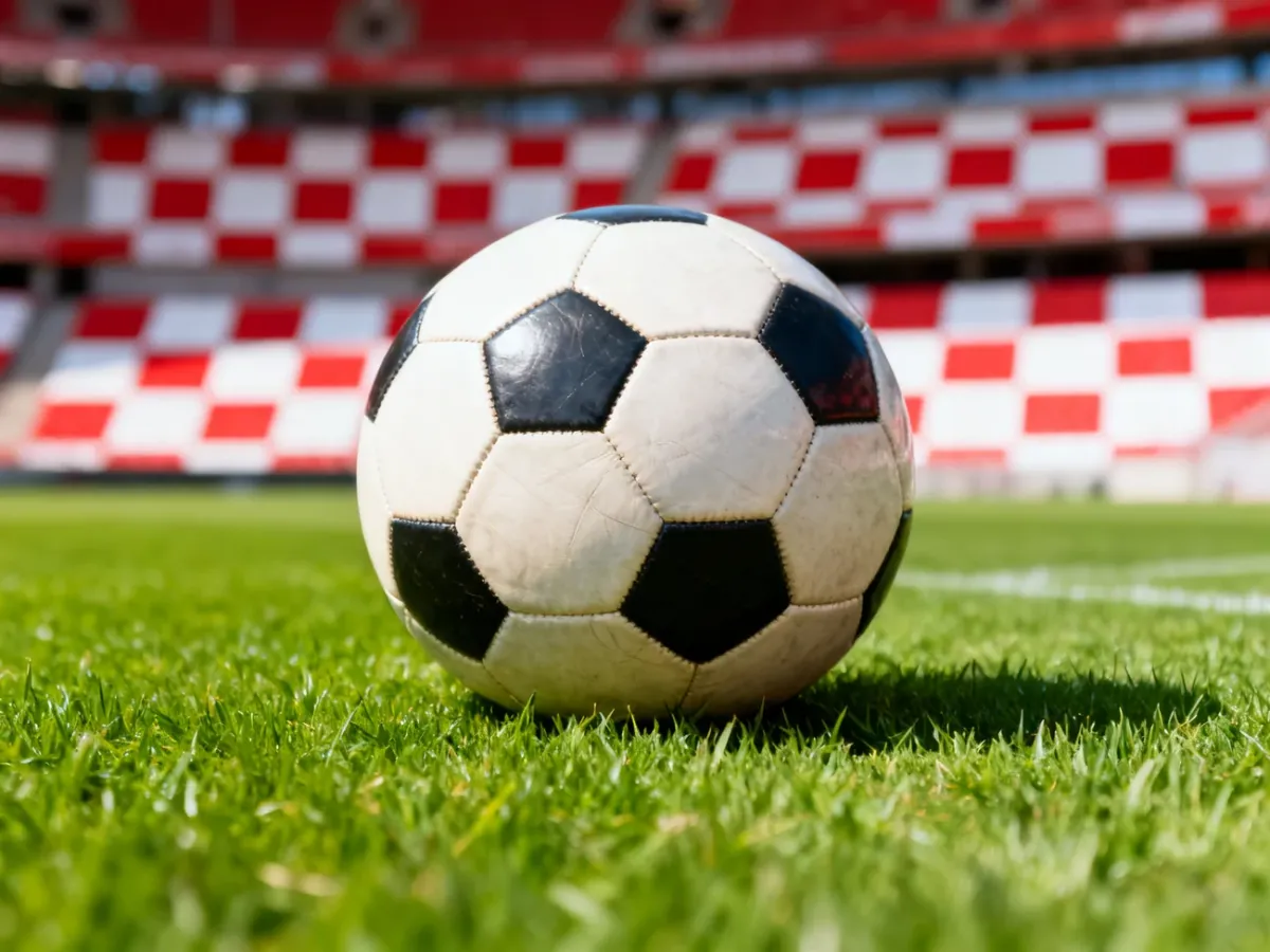 Klasyczna skórzana piłka na murawie boiska, w tle stadion z motywem chorwackiej szachownicy.