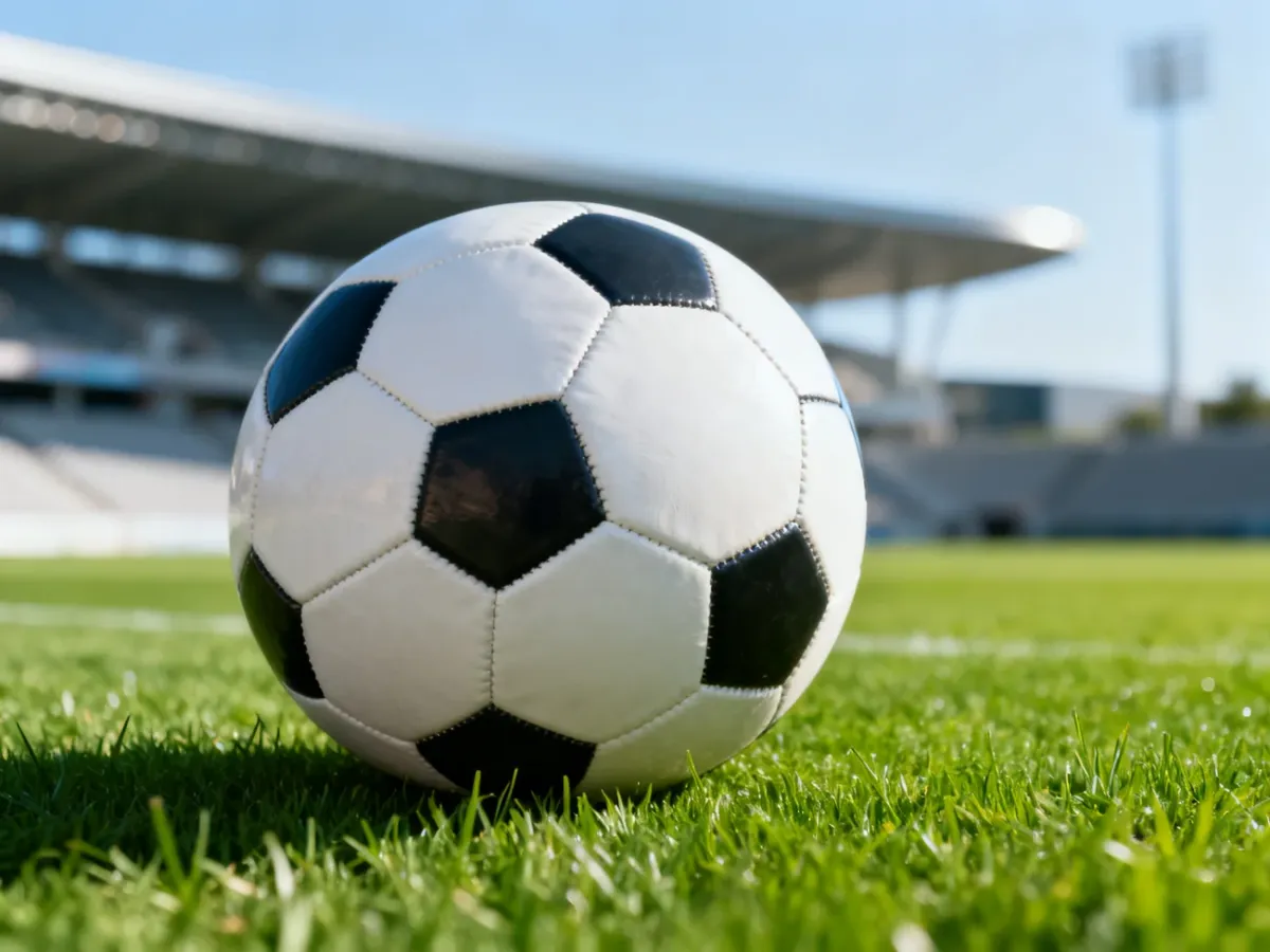 Skórzana piłka nożna na idealnie przystrzyżonej murawie stadionu, symbolizująca profesjonalne rozgrywki Ekstraklasy.