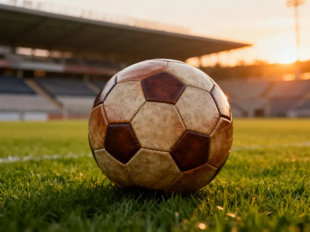 Klasyczna skórzana piłka nożna leżąca na murawie boiska w świetle zachodzącego słońca na pustym stadionie.