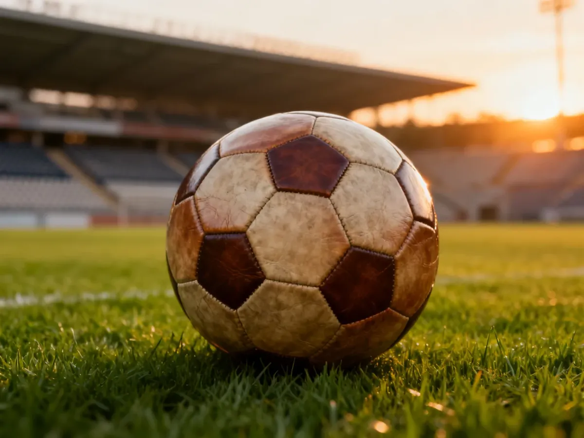 Klasyczna skórzana piłka nożna leżąca na murawie boiska w świetle zachodzącego słońca na pustym stadionie.