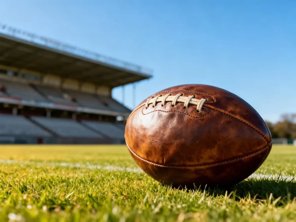Klasyczna skórzana piłka na murawie boiska piłkarskiego na tle trybun stadionu.