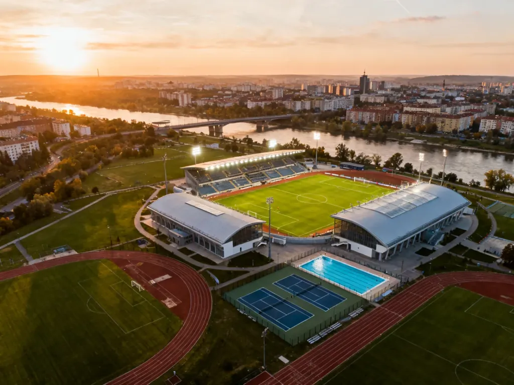 Nowoczesny kompleks sportowy w Opolu z oświetlonym stadionem, halami, basenem i kortami, o zachodzie słońca, no text on the picture