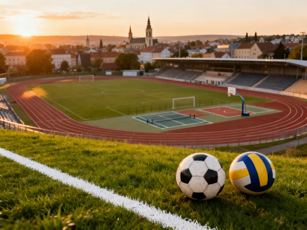 Nowoczesny kompleks sportowy w Białymstoku z boiskiem, bieżnią i piłkami, symbol różnorodnych klubów w mieście, no text on the picture