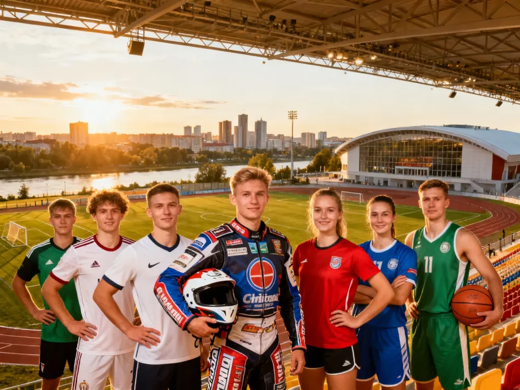 Sportowcy różnych dyscyplin pozują przed stadionem i halą sportową w Gorzowie Wielkopolskim, tło miasta, no text on the picture